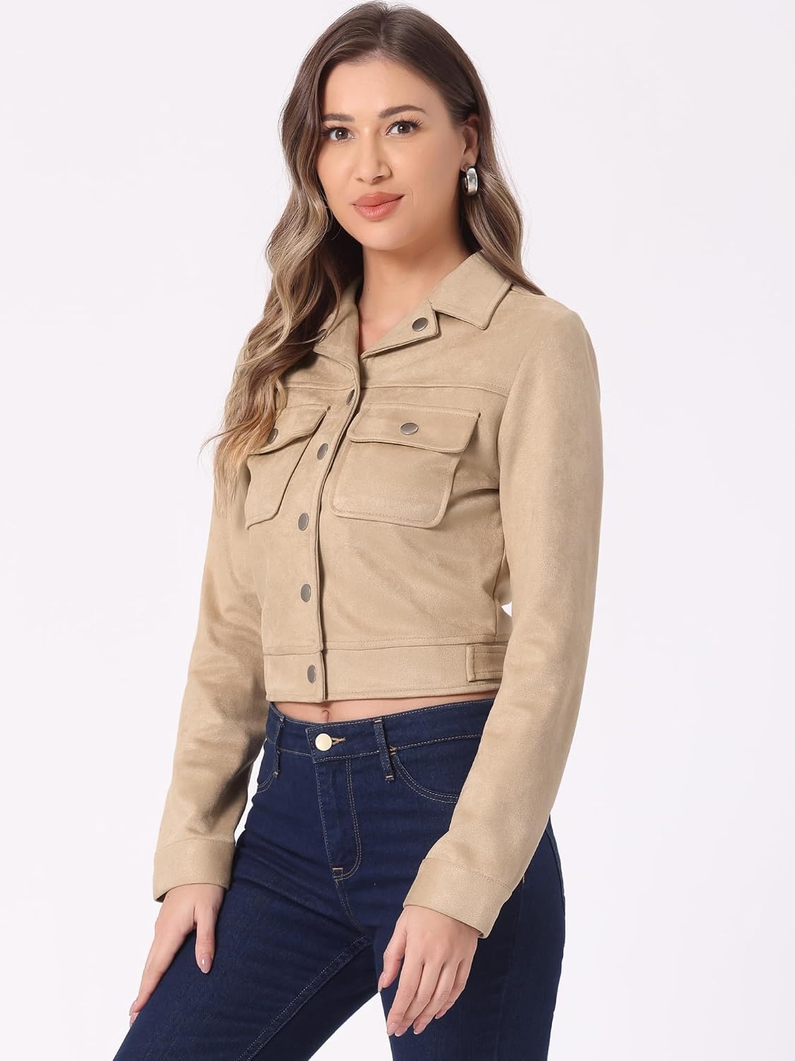 image:imageAllegra K Womens Faux Suede Jacket Button Down Collar Crop OuterwearKhaki Beige