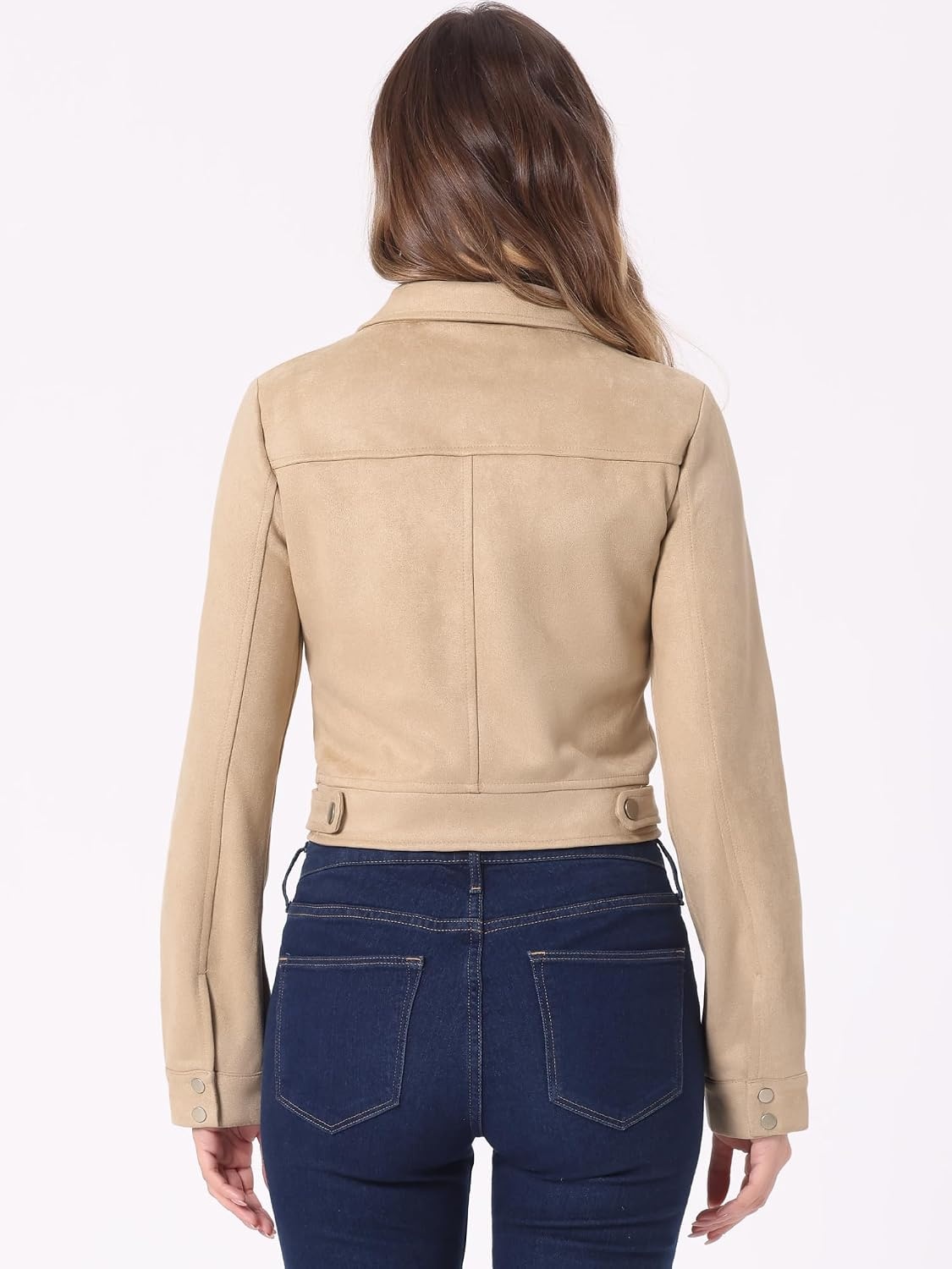 image:imageAllegra K Womens Faux Suede Jacket Button Down Collar Crop OuterwearKhaki Beige