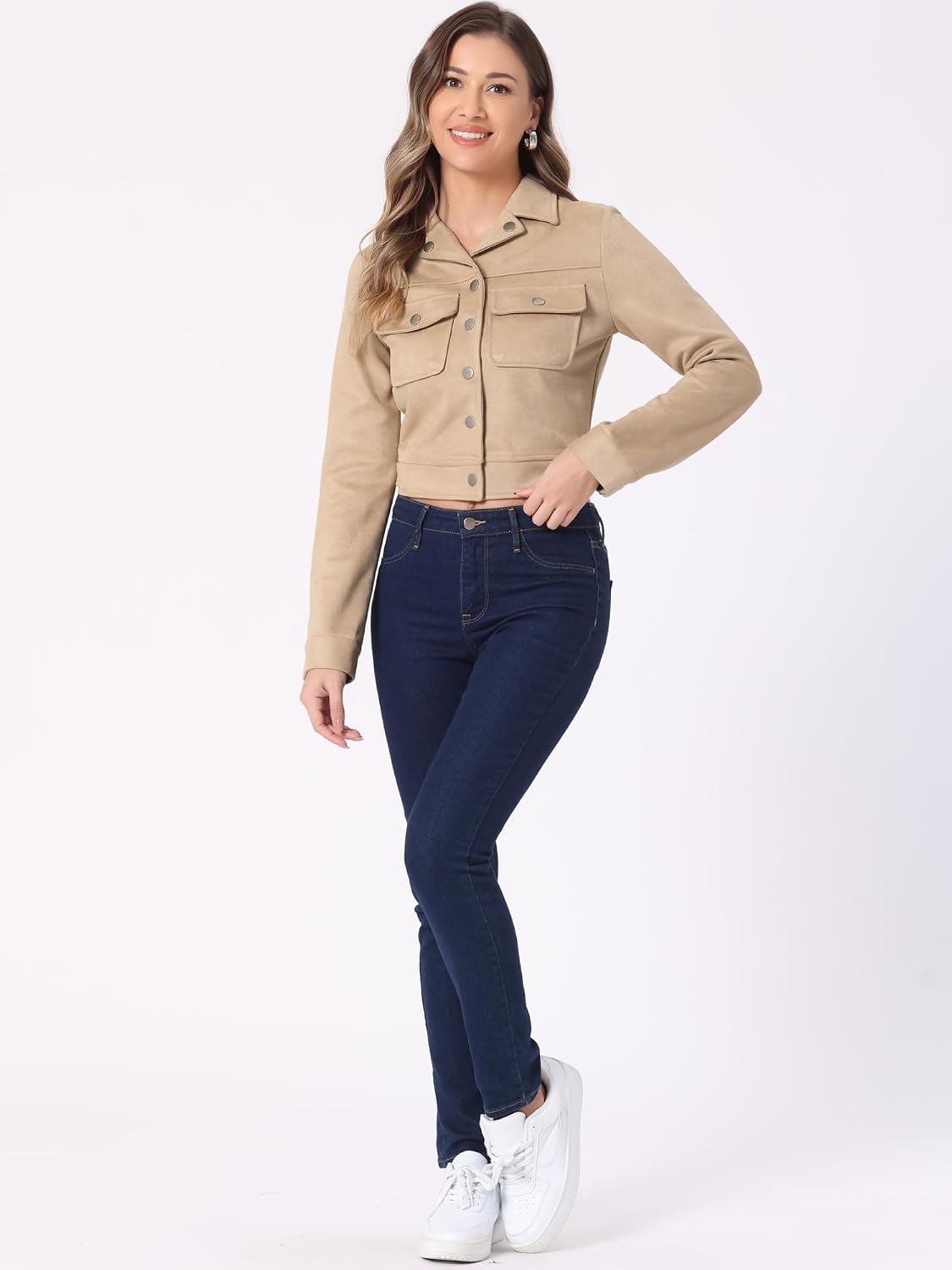 image:imageAllegra K Womens Faux Suede Jacket Button Down Collar Crop OuterwearKhaki Beige