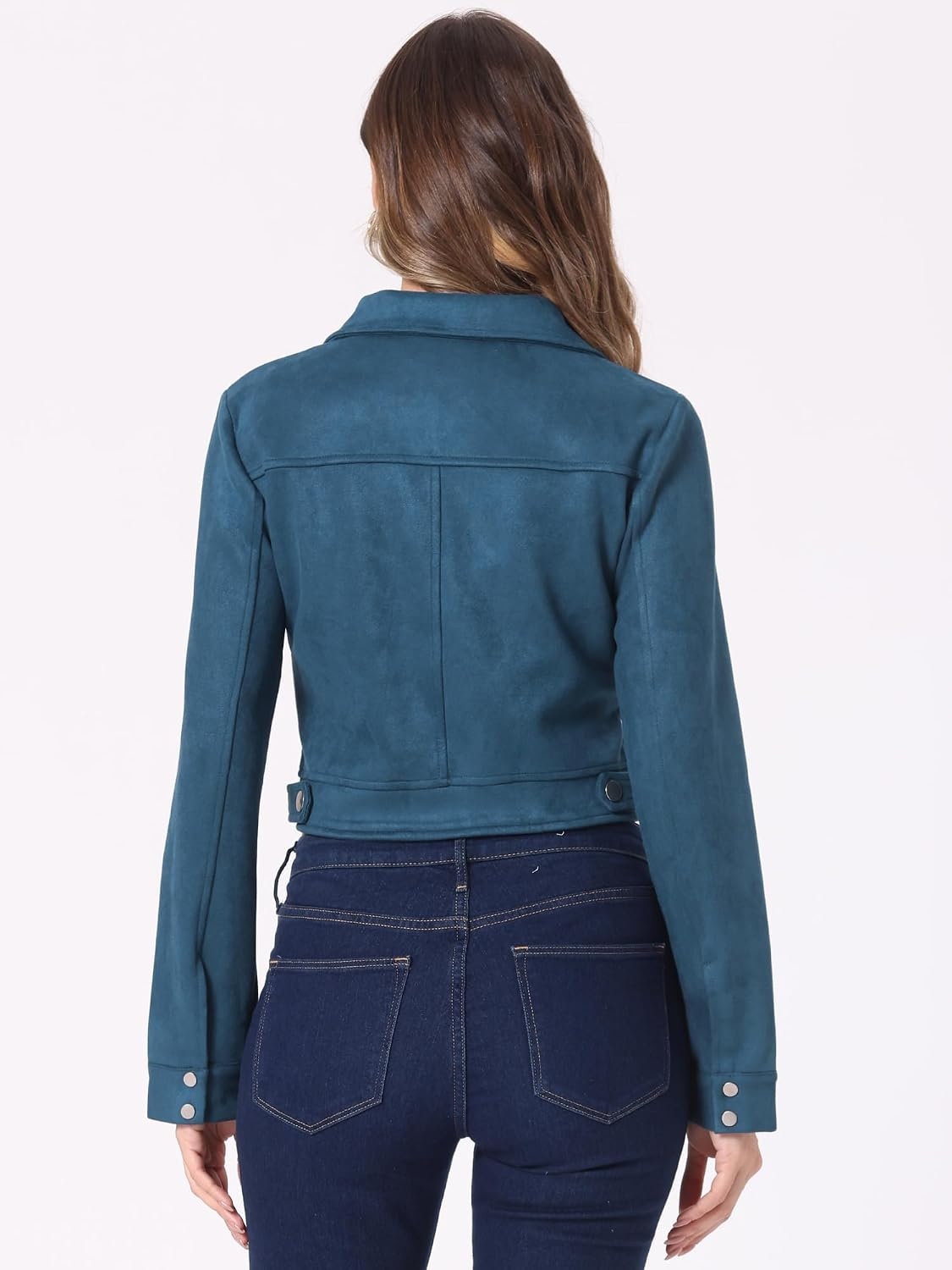 image:imageAllegra K Womens Faux Suede Jacket Button Down Collar Crop OuterwearLake Blue