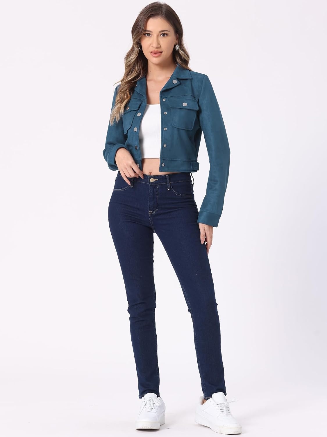 image:imageAllegra K Womens Faux Suede Jacket Button Down Collar Crop OuterwearLake Blue