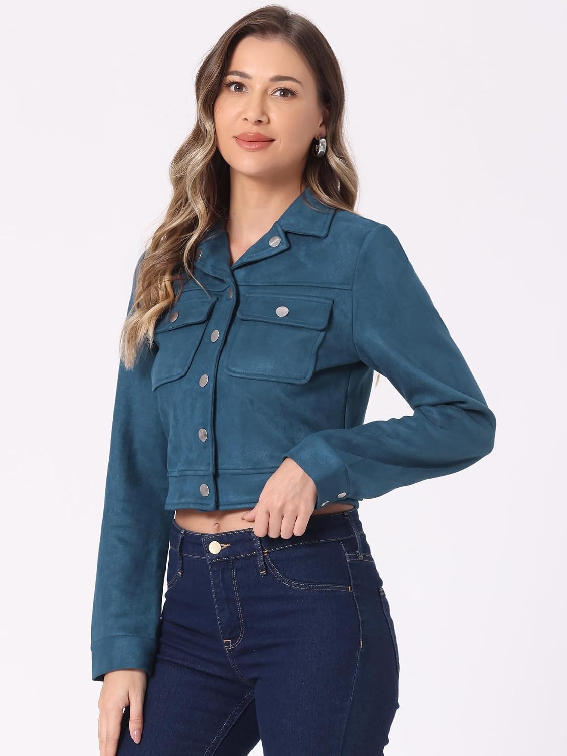 image:imageAllegra K Womens Faux Suede Jacket Button Down Collar Crop OuterwearLake Blue