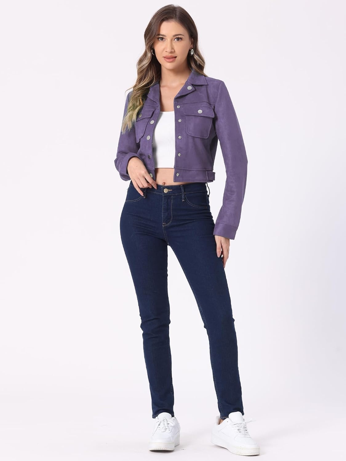 image:imageAllegra K Womens Faux Suede Jacket Button Down Collar Crop OuterwearPurple