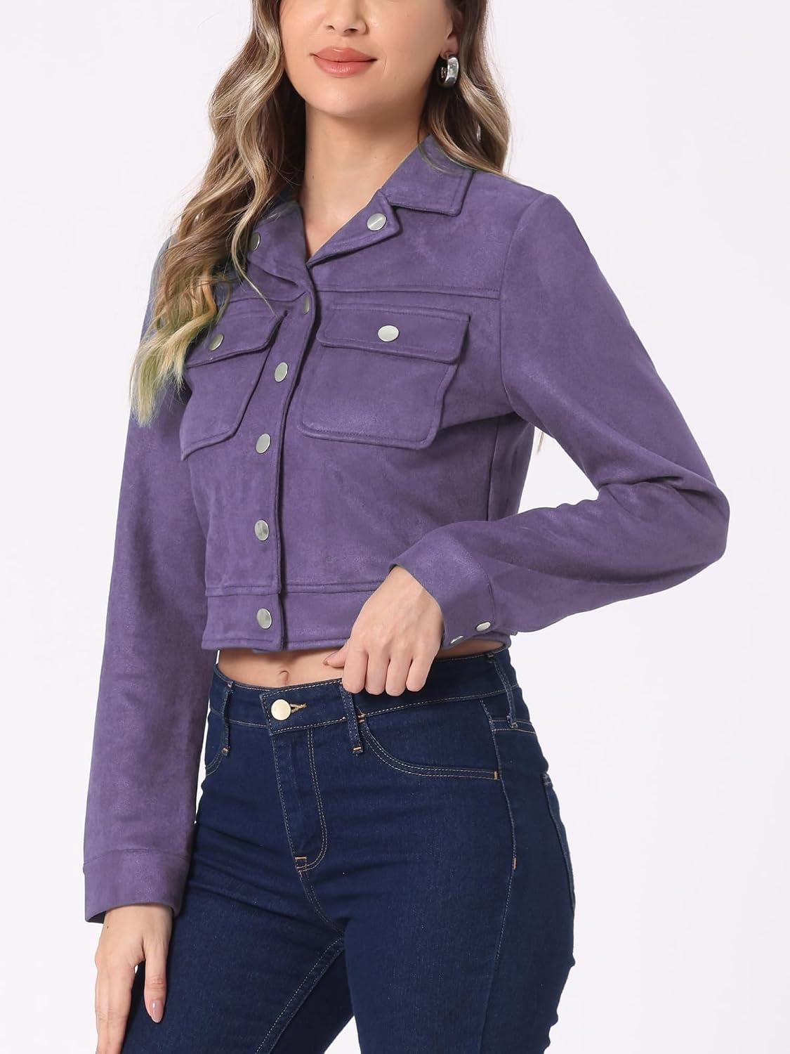 image:imageAllegra K Womens Faux Suede Jacket Button Down Collar Crop OuterwearPurple