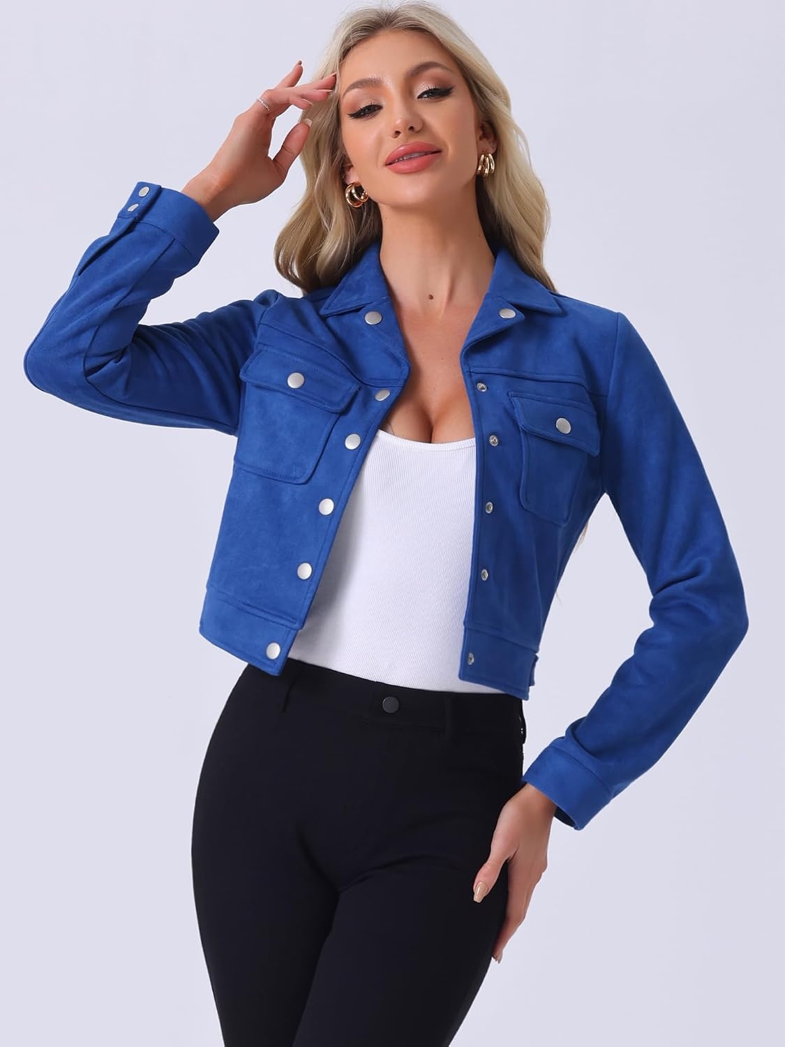 image:imageAllegra K Womens Faux Suede Jacket Button Down Collar Crop OuterwearRoyal Blue
