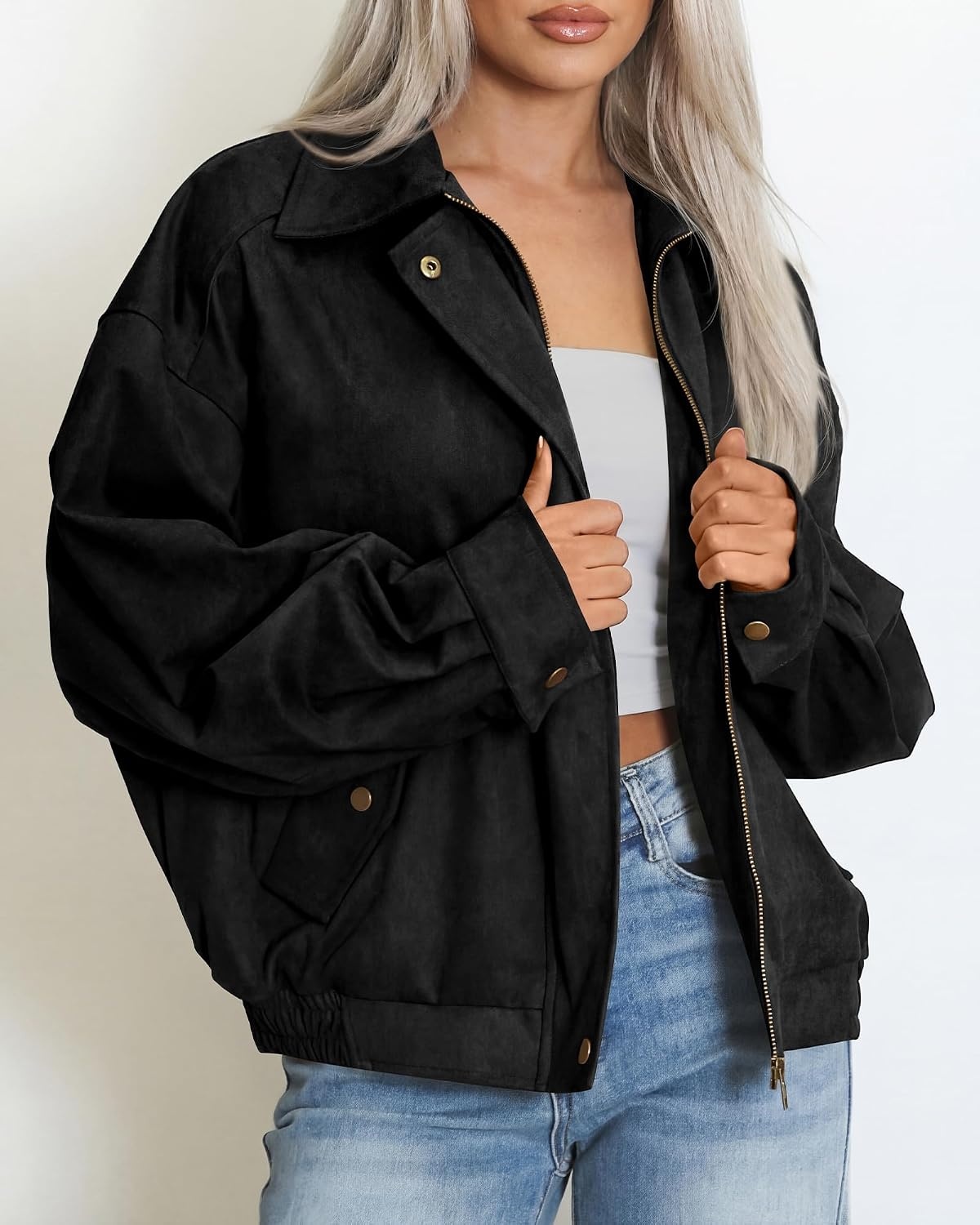 image:imageBTFBM Faux Suede Jacket Women Oversized Long Sleeve Bomber CoatsBlack