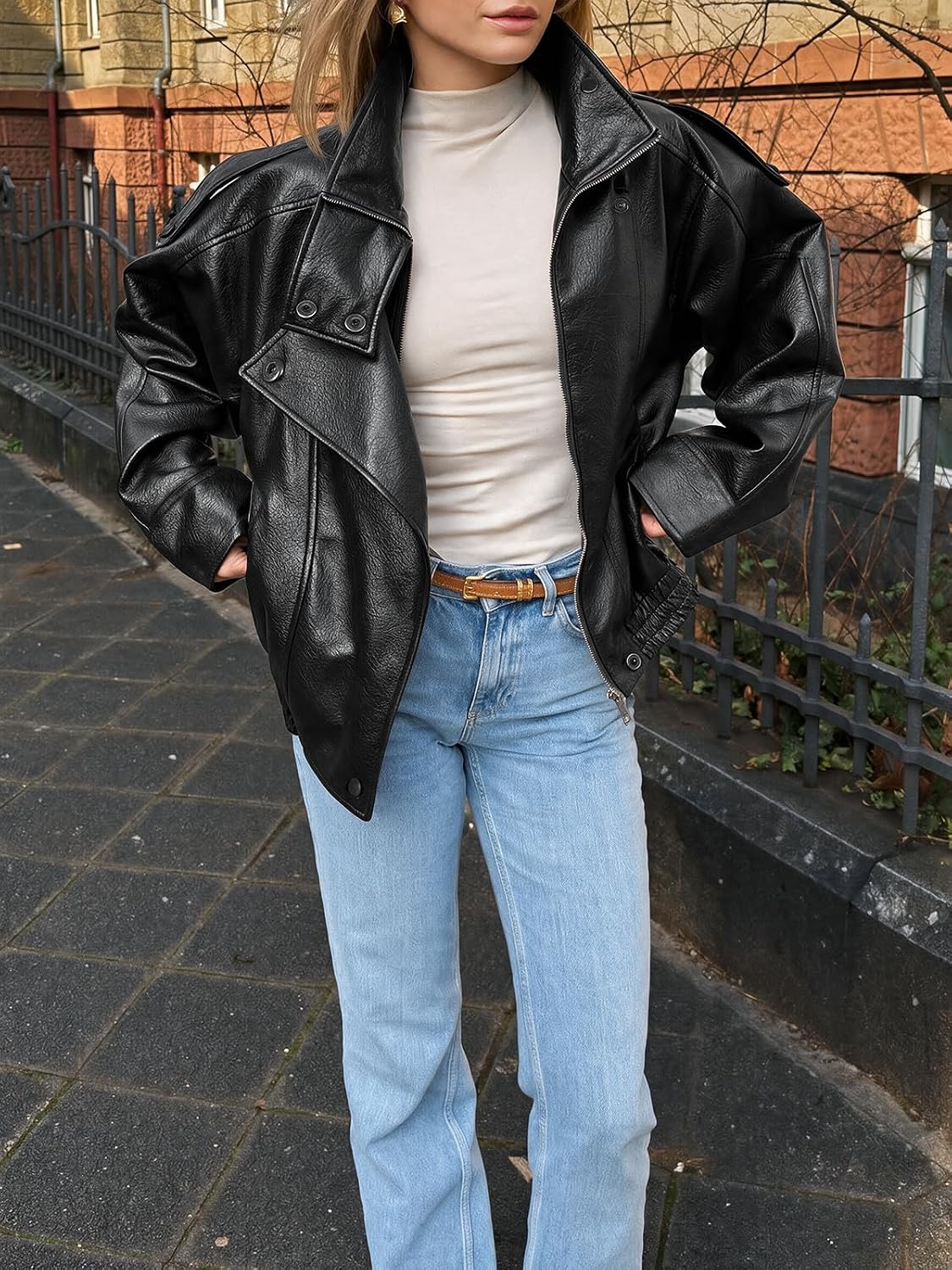 image:imageCicy Bell Womens Faux Leather Jackets Oversized Zip Up Motor Biker CoatsBlack
