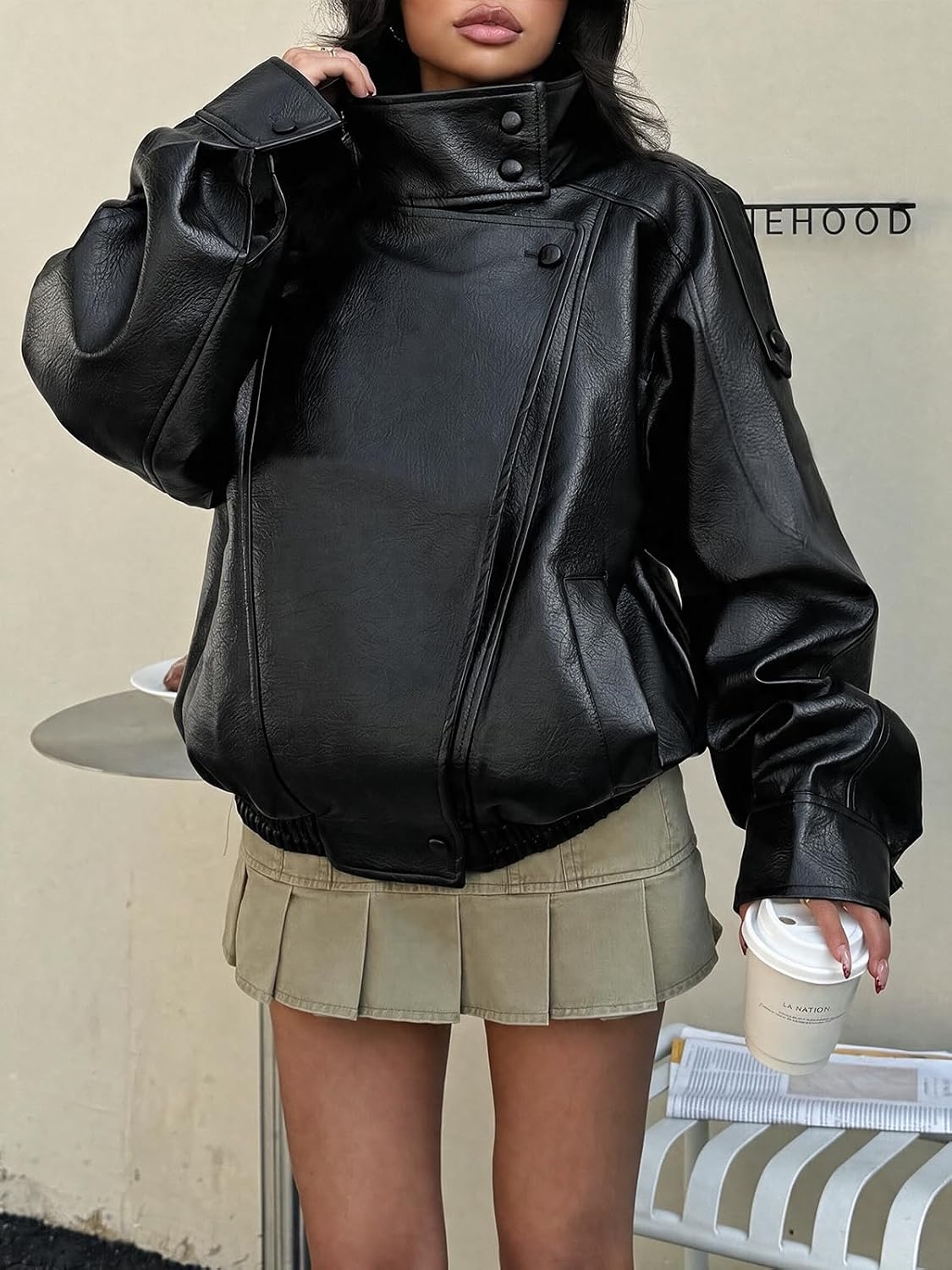 image:imageCicy Bell Womens Faux Leather Jackets Oversized Zip Up Motor Biker CoatsBlack