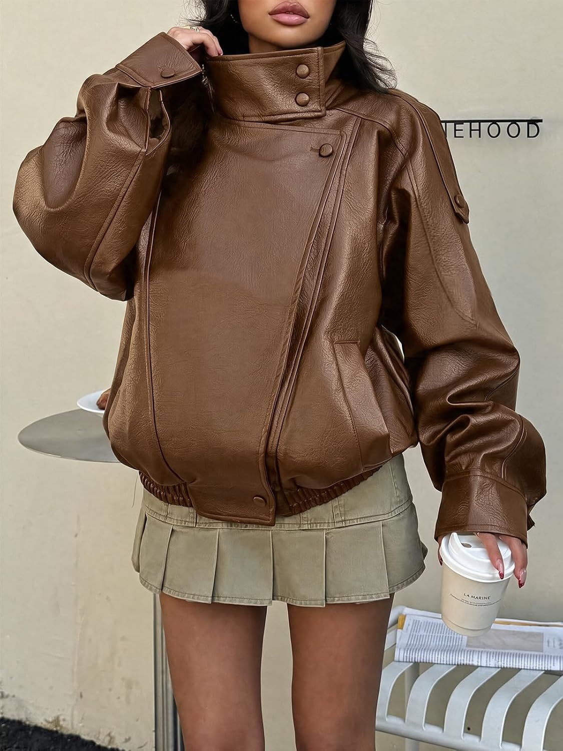 image:imageCicy Bell Womens Faux Leather Jackets Oversized Zip Up Motor Biker CoatsBrown