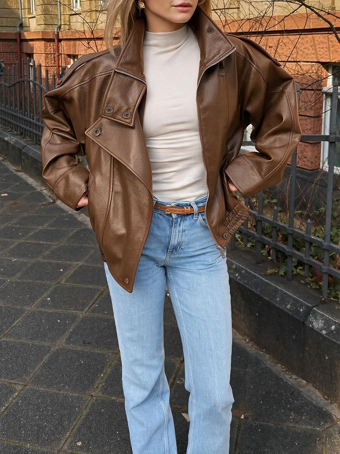 image:imageCicy Bell Womens Faux Leather Jackets Oversized Zip Up Motor Biker CoatsBrown