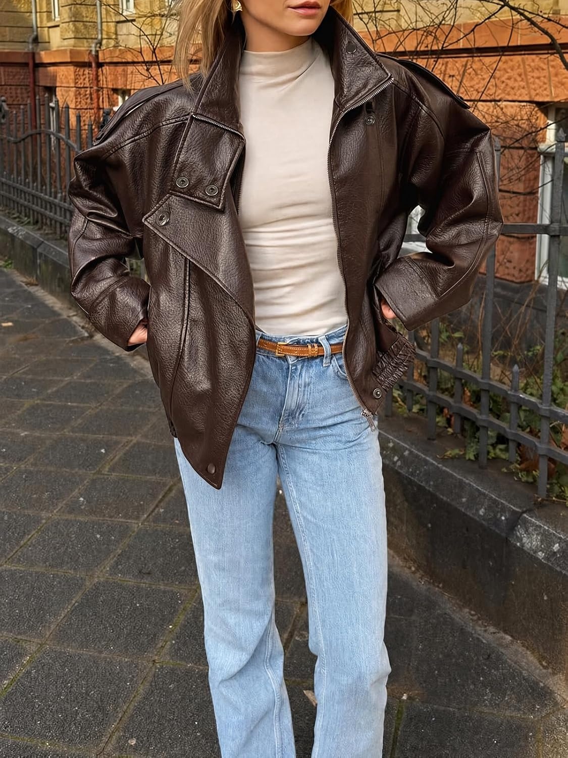 image:imageCicy Bell Womens Faux Leather Jackets Oversized Zip Up Motor Biker CoatsCoffee