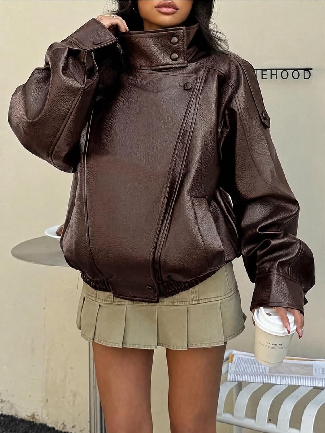 image:imageCicy Bell Womens Faux Leather Jackets Oversized Zip Up Motor Biker CoatsCoffee