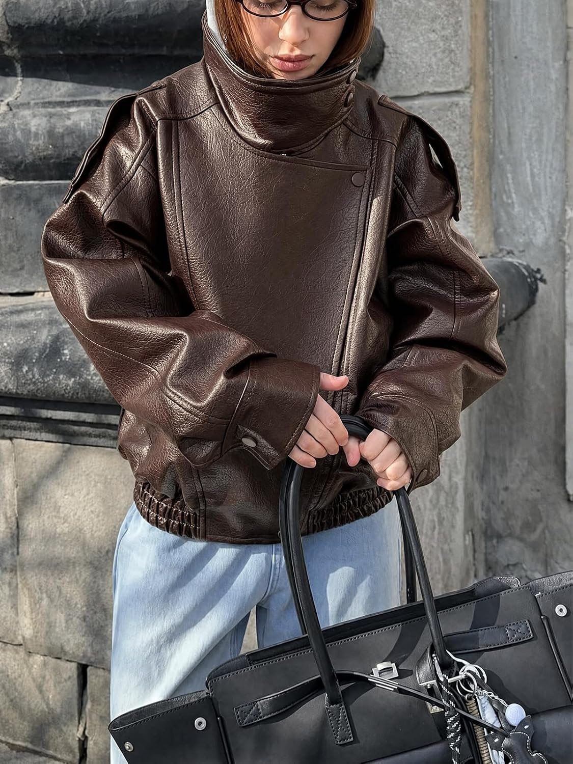image:imageCicy Bell Womens Faux Leather Jackets Oversized Zip Up Motor Biker CoatsCoffee