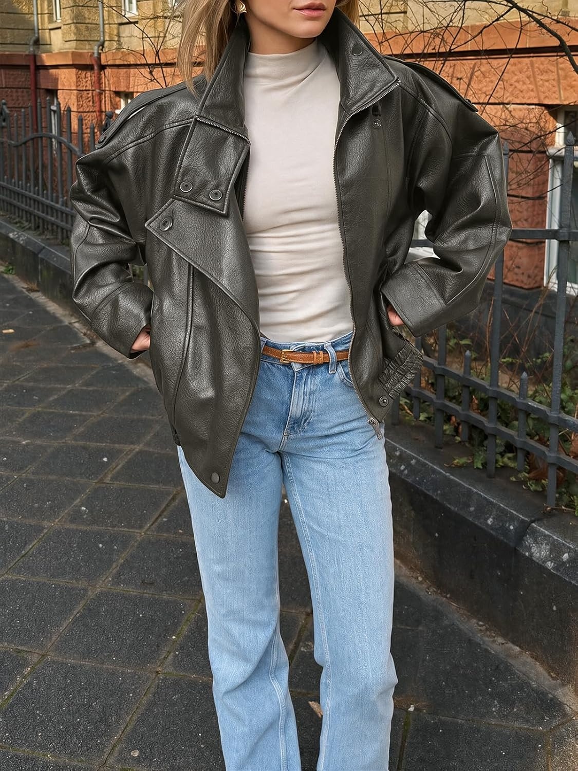 image:imageCicy Bell Womens Faux Leather Jackets Oversized Zip Up Motor Biker CoatsGrey