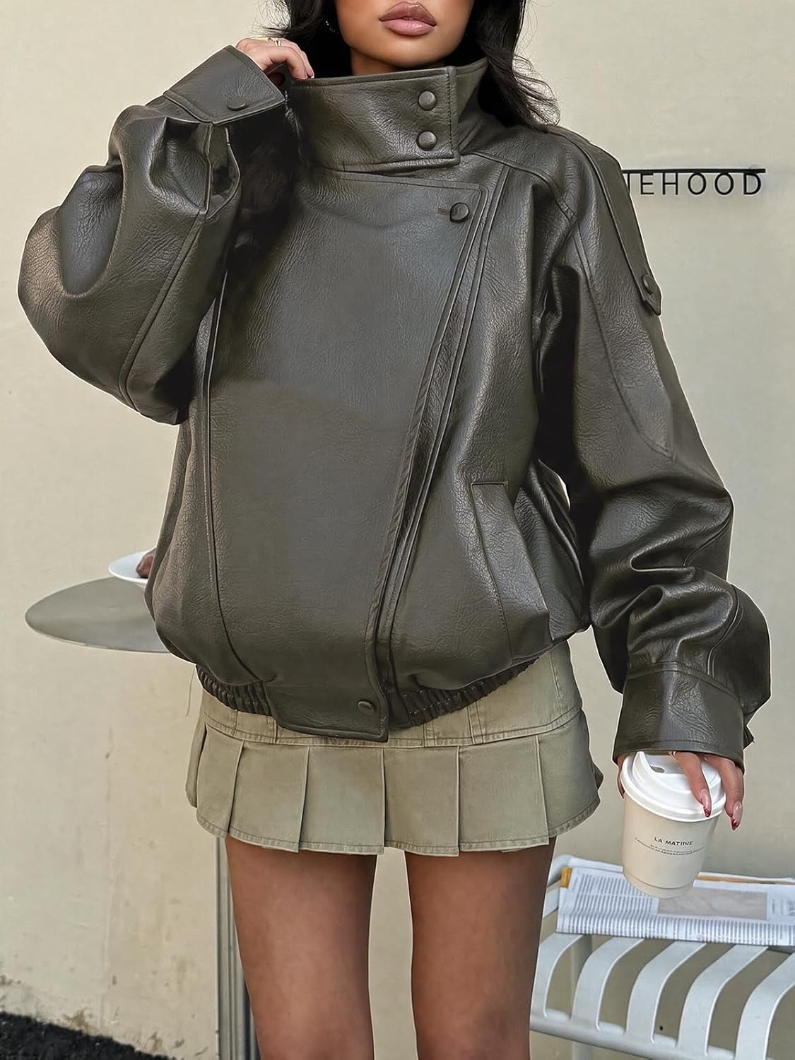 image:imageCicy Bell Womens Faux Leather Jackets Oversized Zip Up Motor Biker CoatsGrey