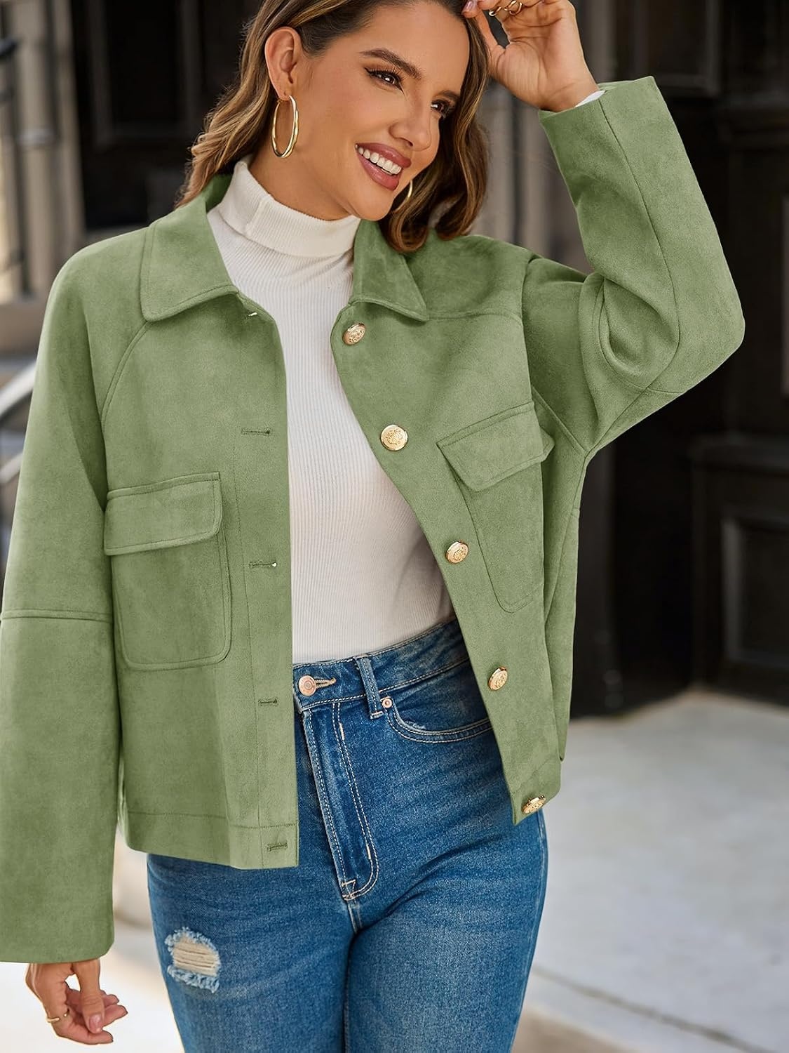 image:imageCicy Bell Womens Faux Suede Leather Jackets Cropped Fall Vintage ShacketsArmy Green