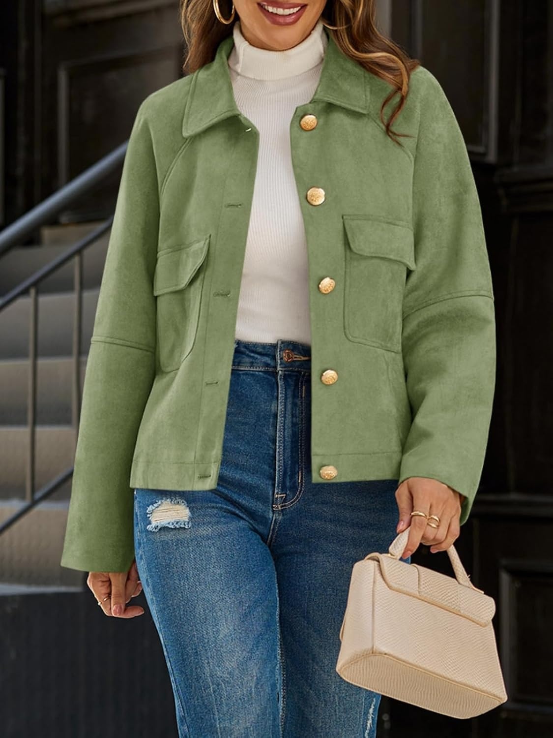 image:imageCicy Bell Womens Faux Suede Leather Jackets Cropped Fall Vintage ShacketsArmy Green