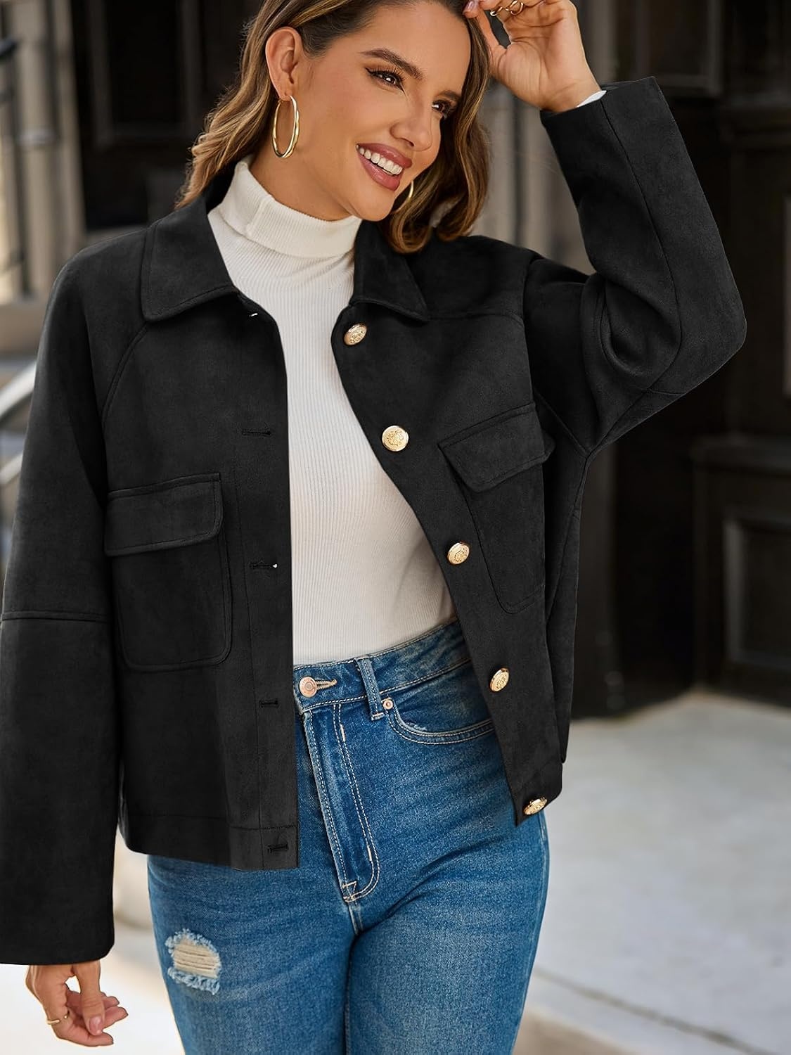 image:imageCicy Bell Womens Faux Suede Leather Jackets Cropped Fall Vintage ShacketsBlack