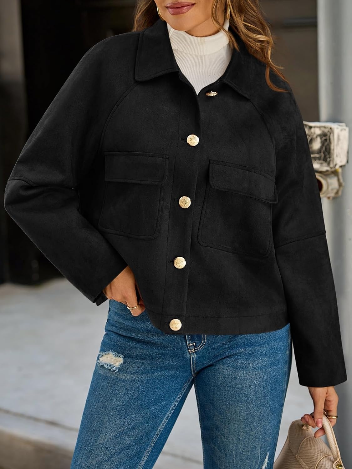 image:imageCicy Bell Womens Faux Suede Leather Jackets Cropped Fall Vintage ShacketsBlack