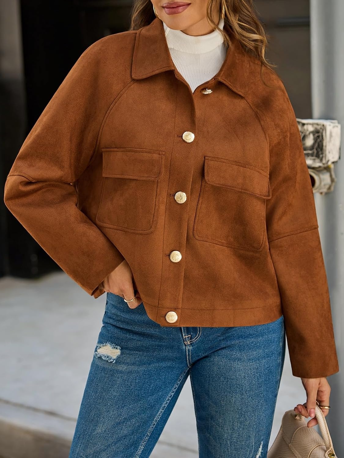 image:imageCicy Bell Womens Faux Suede Leather Jackets Cropped Fall Vintage ShacketsBrown