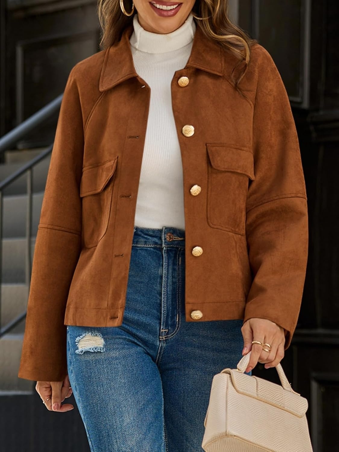 image:imageCicy Bell Womens Faux Suede Leather Jackets Cropped Fall Vintage ShacketsBrown