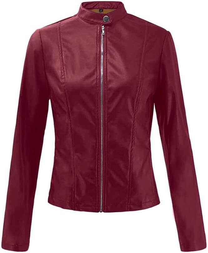 image:imageFaux Leather Jacket Varsity Moto Biker Bomber Jackets Short Coat Casual Lightweight Outerwear Coats 2025 SpringWatermelon Red