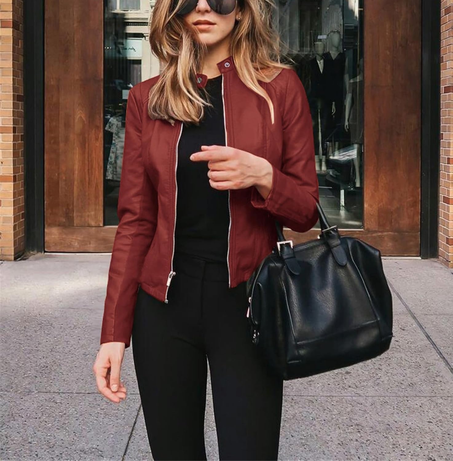 image:imageFaux Leather Jacket Varsity Moto Biker Bomber Jackets Short Coat Casual Lightweight Outerwear Coats 2025 SpringWatermelon Red
