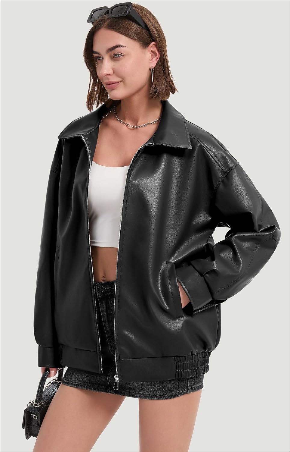 image:imageFaux Leather Jackets for Women Oversized Bomber Motorcycle CoatBlack