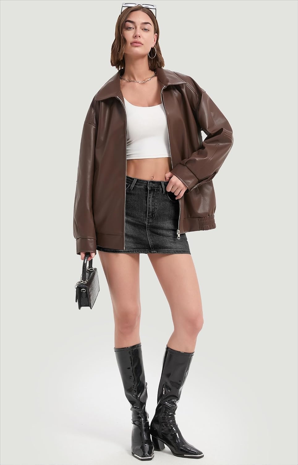 image:imageFaux Leather Jackets for Women Oversized Bomber Motorcycle CoatBrown