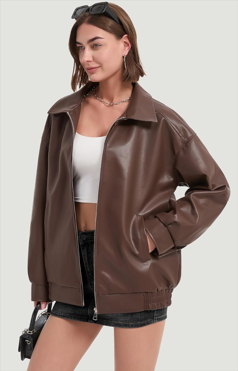 image:imageFaux Leather Jackets for Women Oversized Bomber Motorcycle CoatBrown