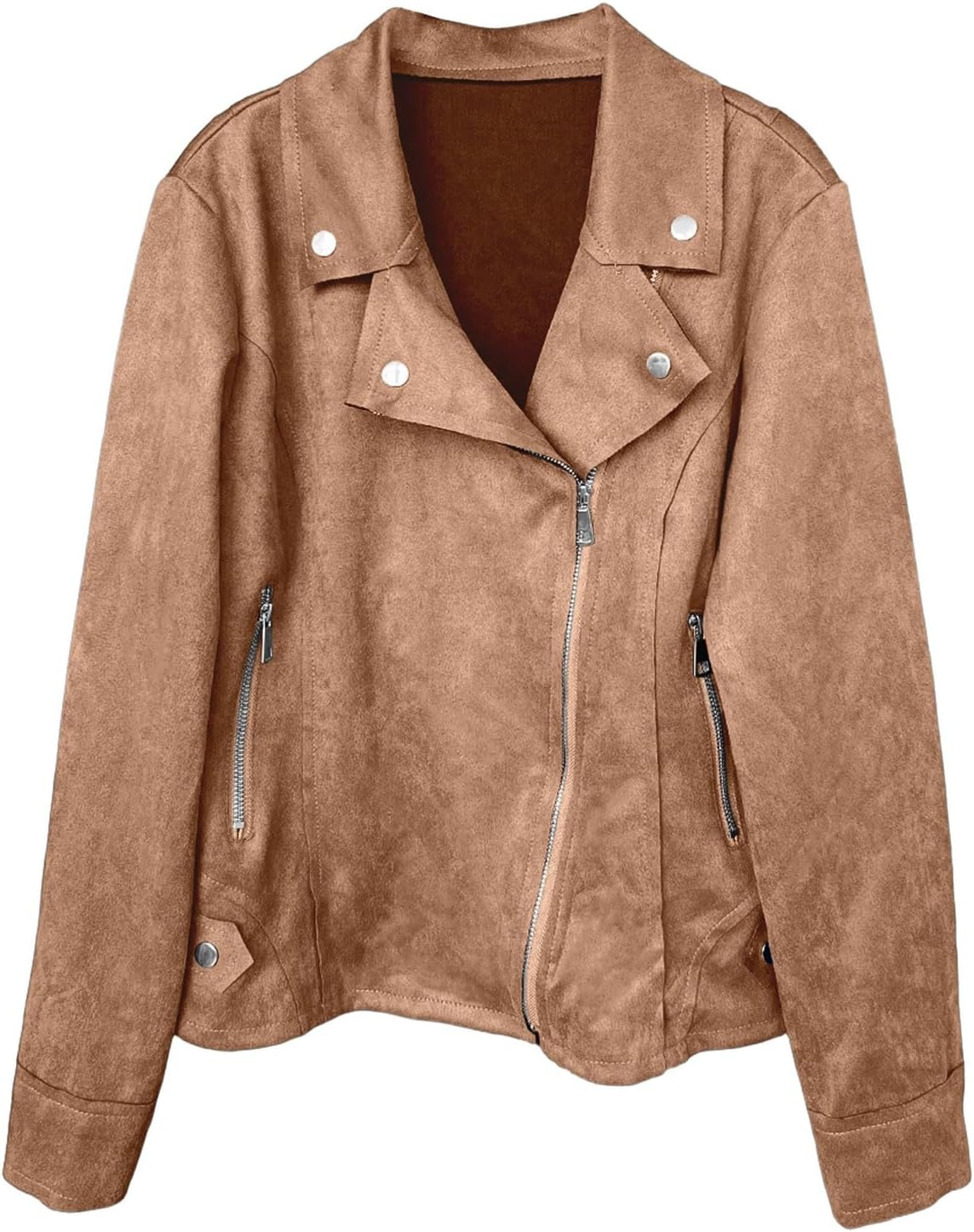 image:imageFaux Suede Jacket Women Long Sleeve Leather Bomber Jackets Moto Cropped Trench Coat For Business Casual Going OutKhaki