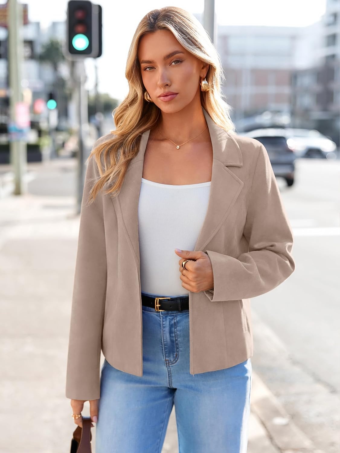 image:imageGlamaker Womens Fall Faux Suede Jackets Fashion Lightweight Coat OutfitsGrey Apricot