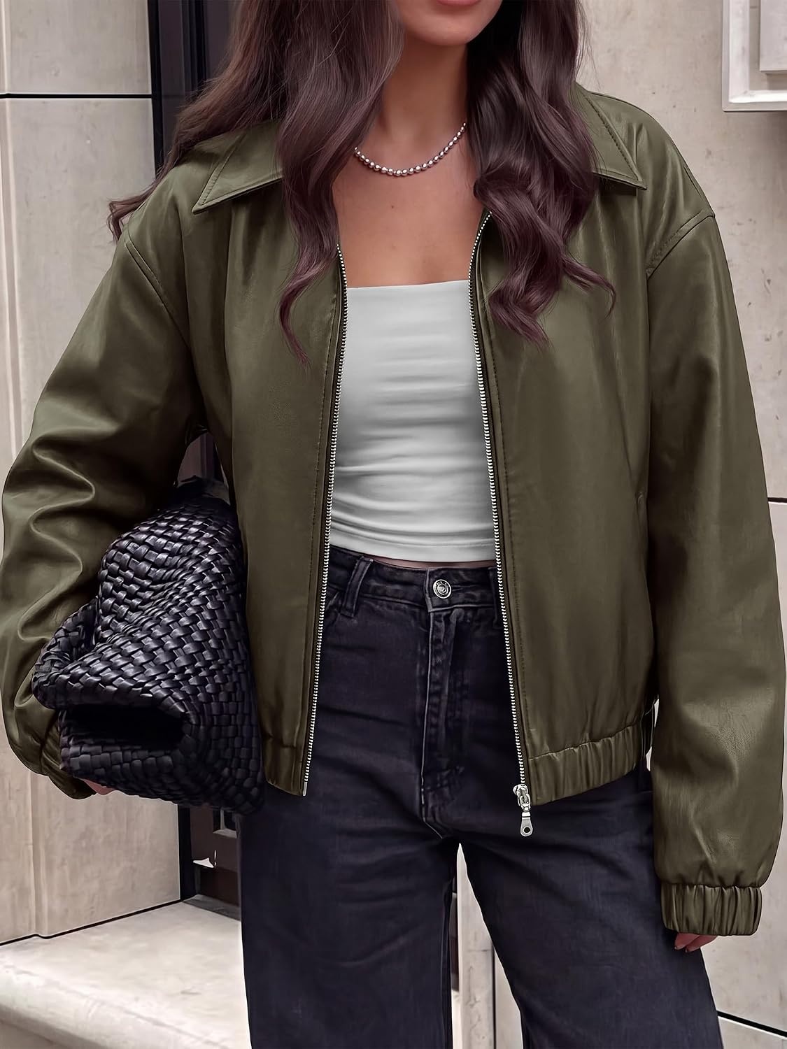 image:imageKIRUNDO Fall Jackets for Women Oversized Zip Up Faux Leather Bomber CoatsArmy Green