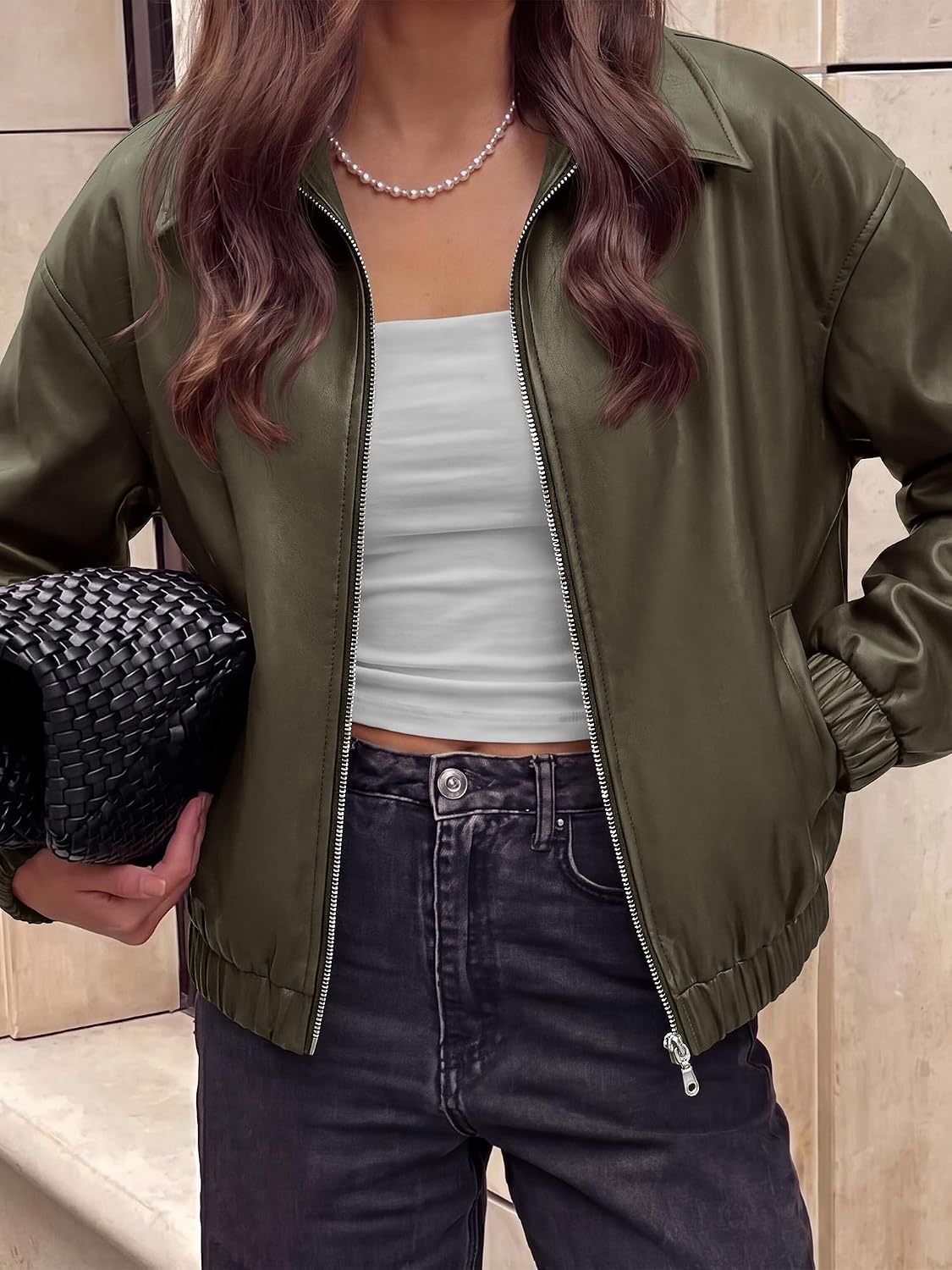 image:imageKIRUNDO Fall Jackets for Women Oversized Zip Up Faux Leather Bomber CoatsArmy Green
