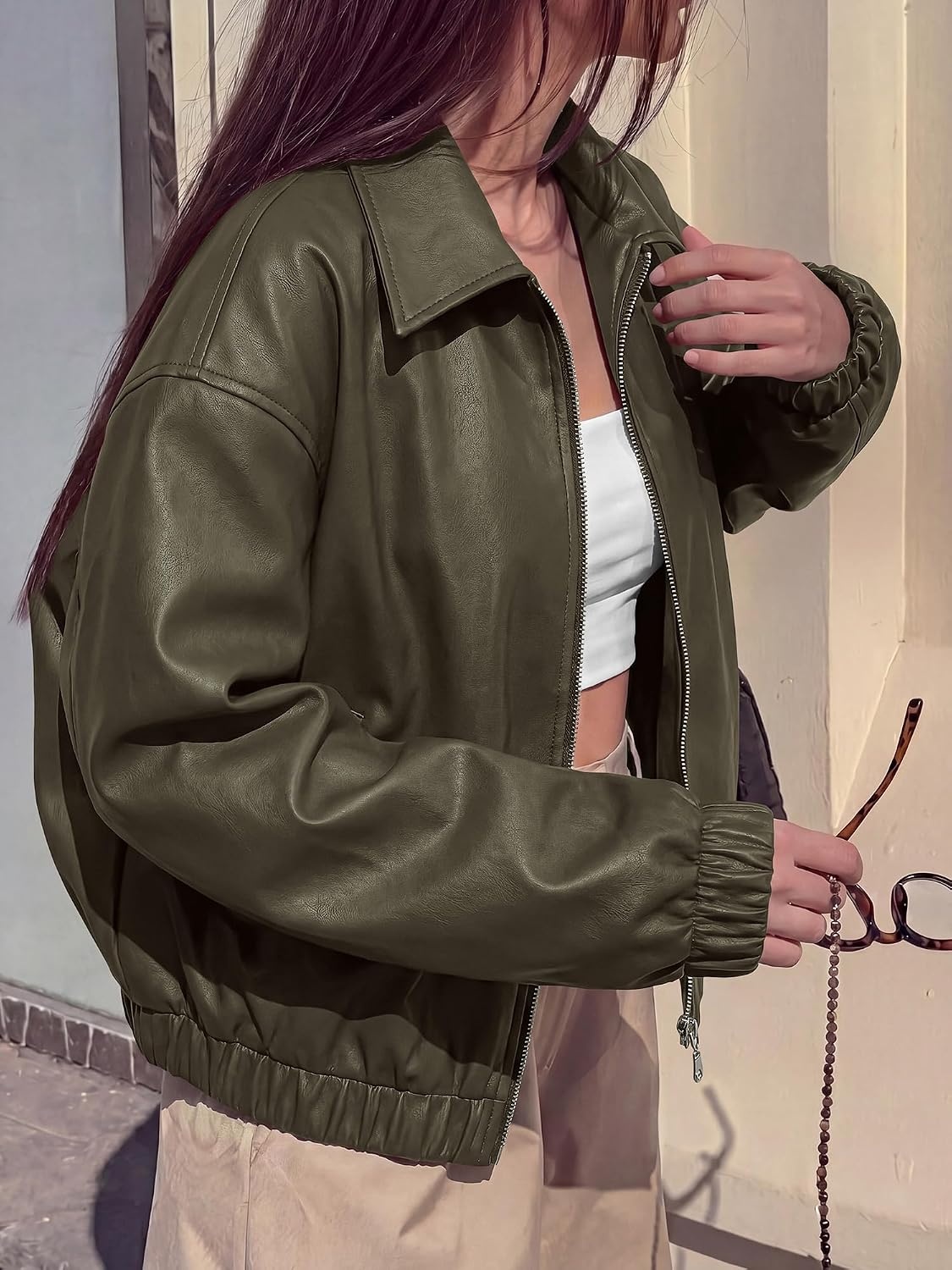 image:imageKIRUNDO Fall Jackets for Women Oversized Zip Up Faux Leather Bomber CoatsArmy Green
