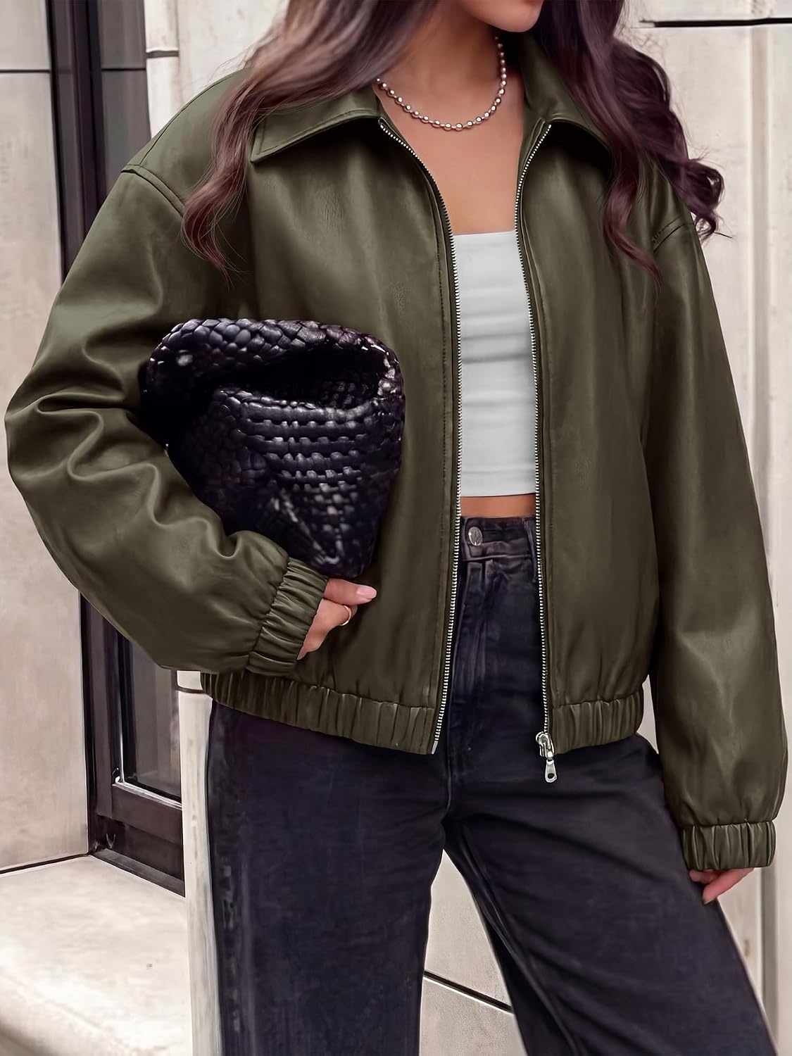 image:imageKIRUNDO Fall Jackets for Women Oversized Zip Up Faux Leather Bomber CoatsArmy Green