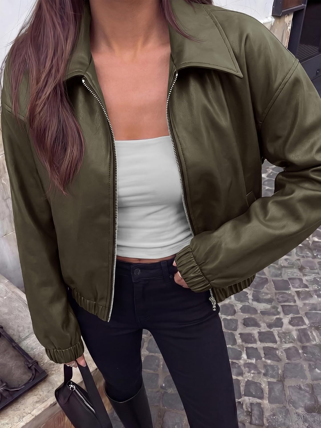 image:imageKIRUNDO Fall Jackets for Women Oversized Zip Up Faux Leather Bomber CoatsArmy Green