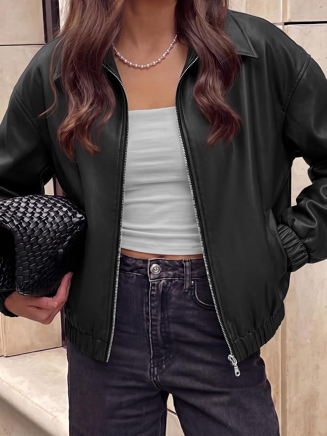 image:imageKIRUNDO Fall Jackets for Women Oversized Zip Up Faux Leather Bomber CoatsBlack