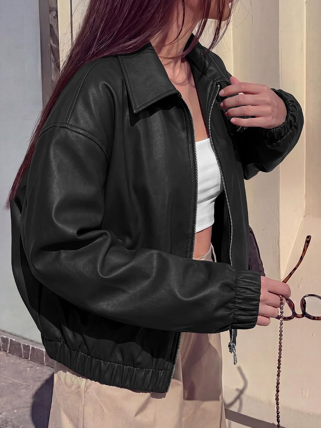 image:imageKIRUNDO Fall Jackets for Women Oversized Zip Up Faux Leather Bomber CoatsBlack