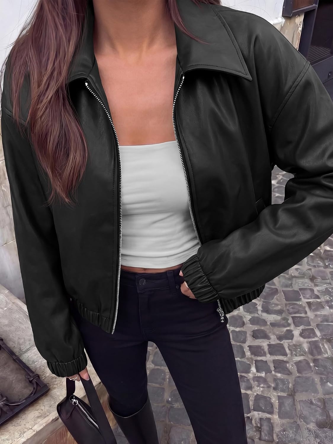 image:imageKIRUNDO Fall Jackets for Women Oversized Zip Up Faux Leather Bomber CoatsBlack