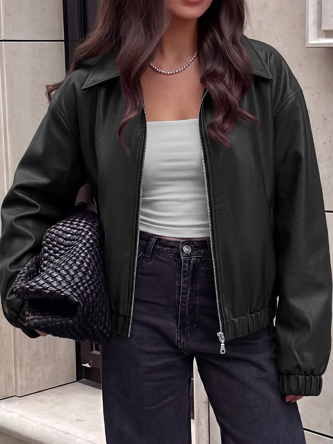 image:imageKIRUNDO Fall Jackets for Women Oversized Zip Up Faux Leather Bomber CoatsBlack