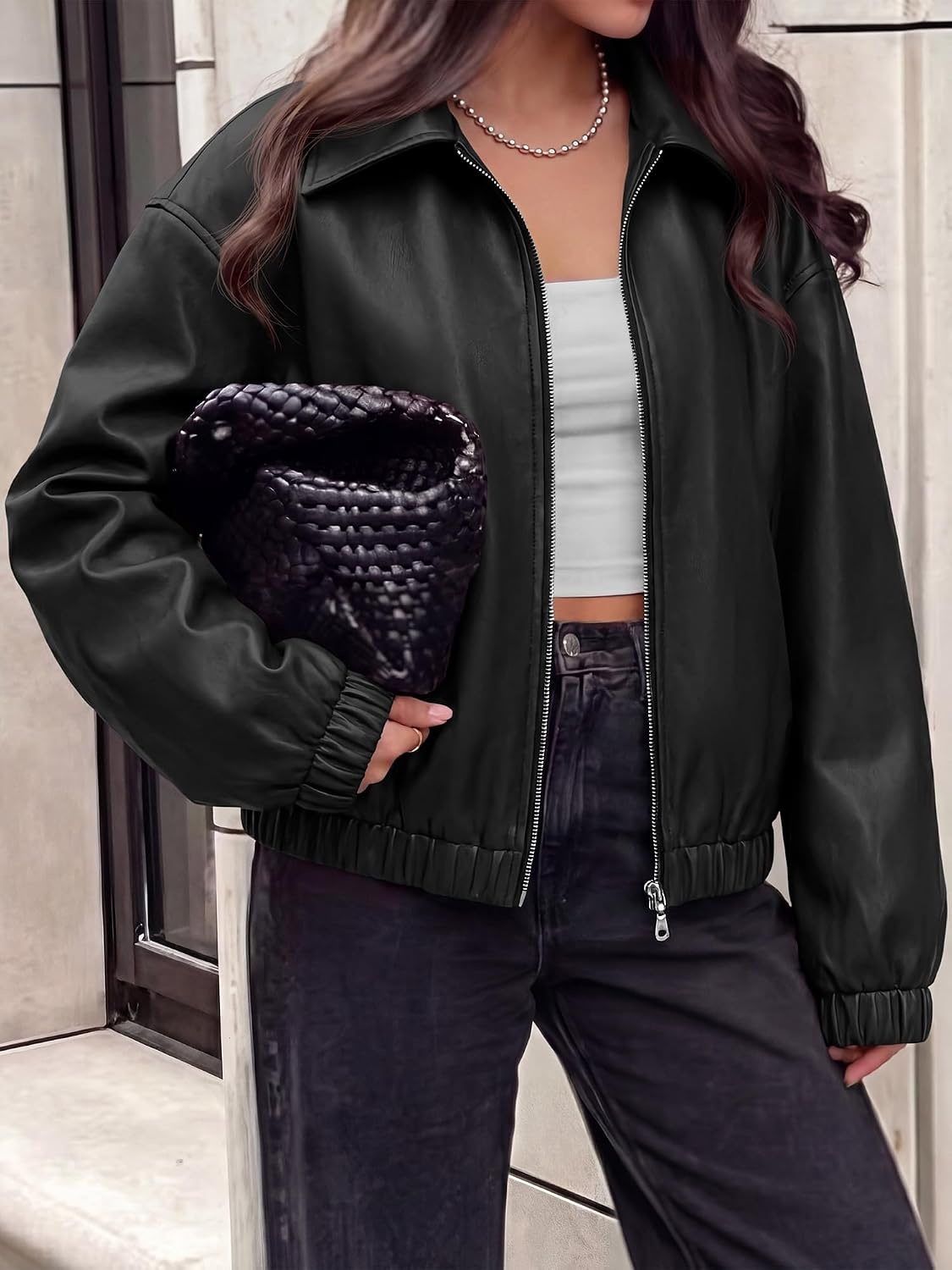 image:imageKIRUNDO Fall Jackets for Women Oversized Zip Up Faux Leather Bomber CoatsBlack