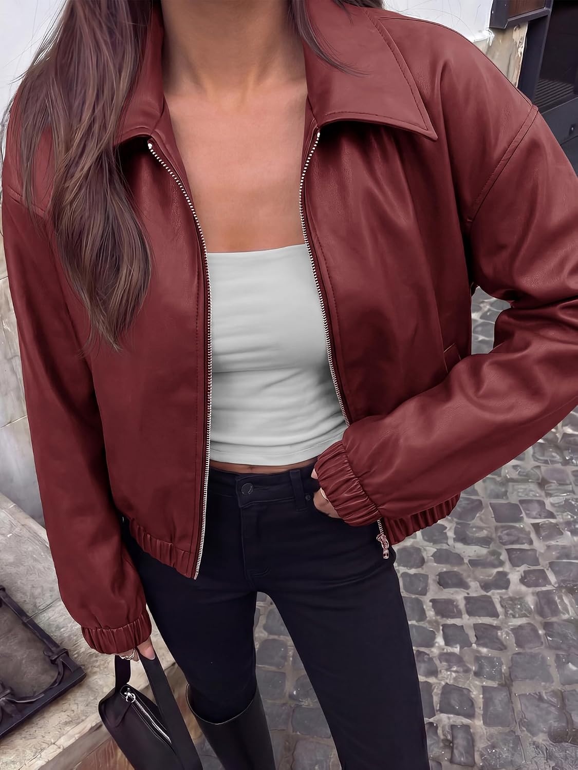 image:imageKIRUNDO Fall Jackets for Women Oversized Zip Up Faux Leather Bomber CoatsBurgundy