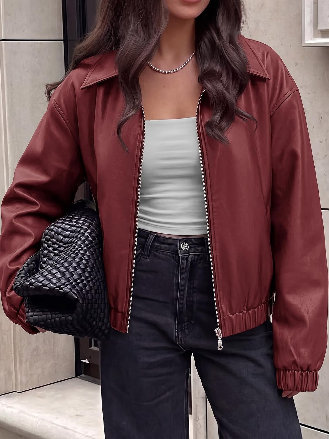 image:imageKIRUNDO Fall Jackets for Women Oversized Zip Up Faux Leather Bomber CoatsBurgundy
