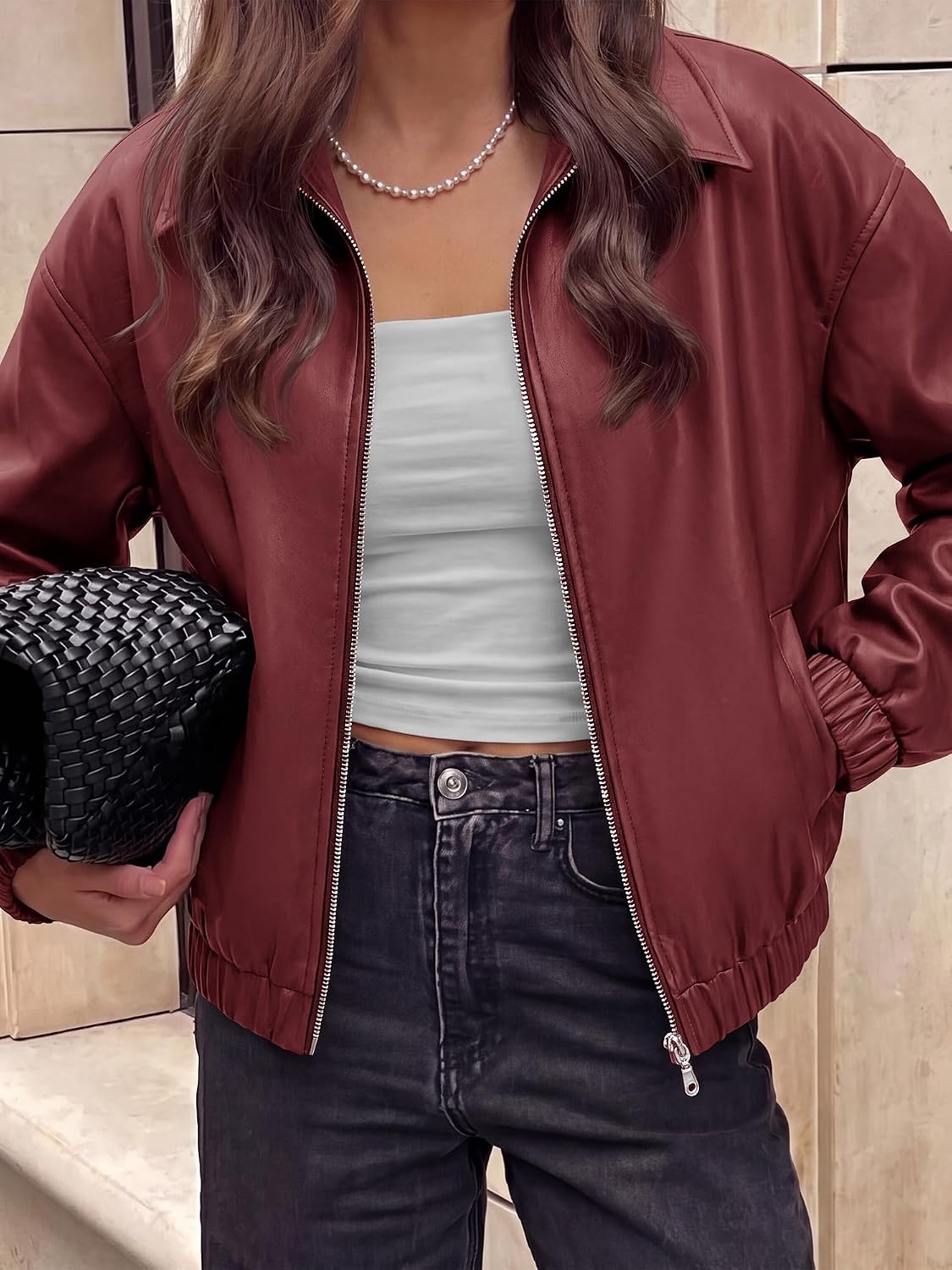 image:imageKIRUNDO Fall Jackets for Women Oversized Zip Up Faux Leather Bomber CoatsBurgundy