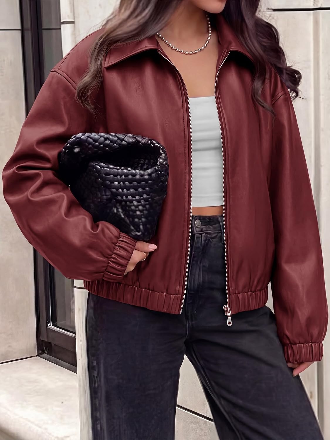 image:imageKIRUNDO Fall Jackets for Women Oversized Zip Up Faux Leather Bomber CoatsBurgundy