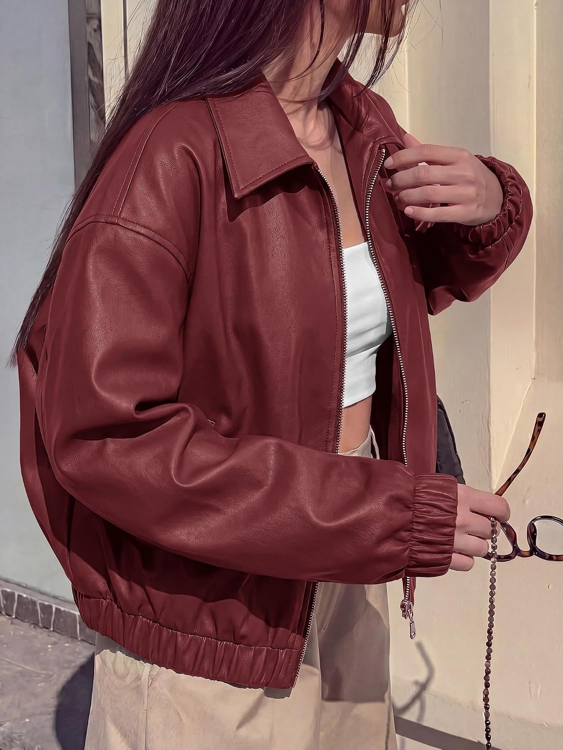 image:imageKIRUNDO Fall Jackets for Women Oversized Zip Up Faux Leather Bomber CoatsBurgundy