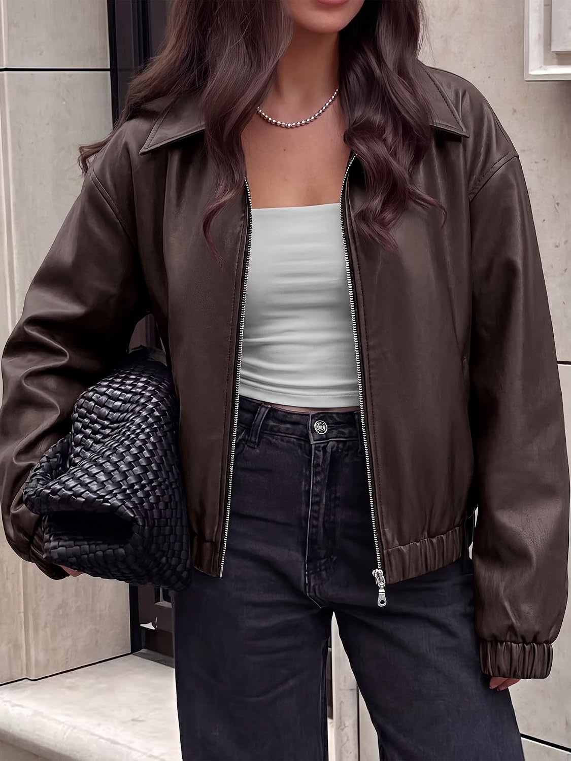 image:imageKIRUNDO Fall Jackets for Women Oversized Zip Up Faux Leather Bomber CoatsDark Brown