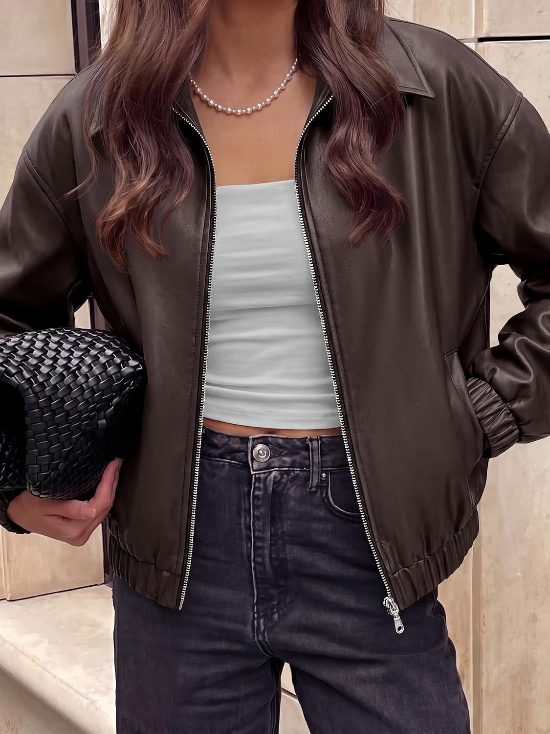 image:imageKIRUNDO Fall Jackets for Women Oversized Zip Up Faux Leather Bomber CoatsDark Brown