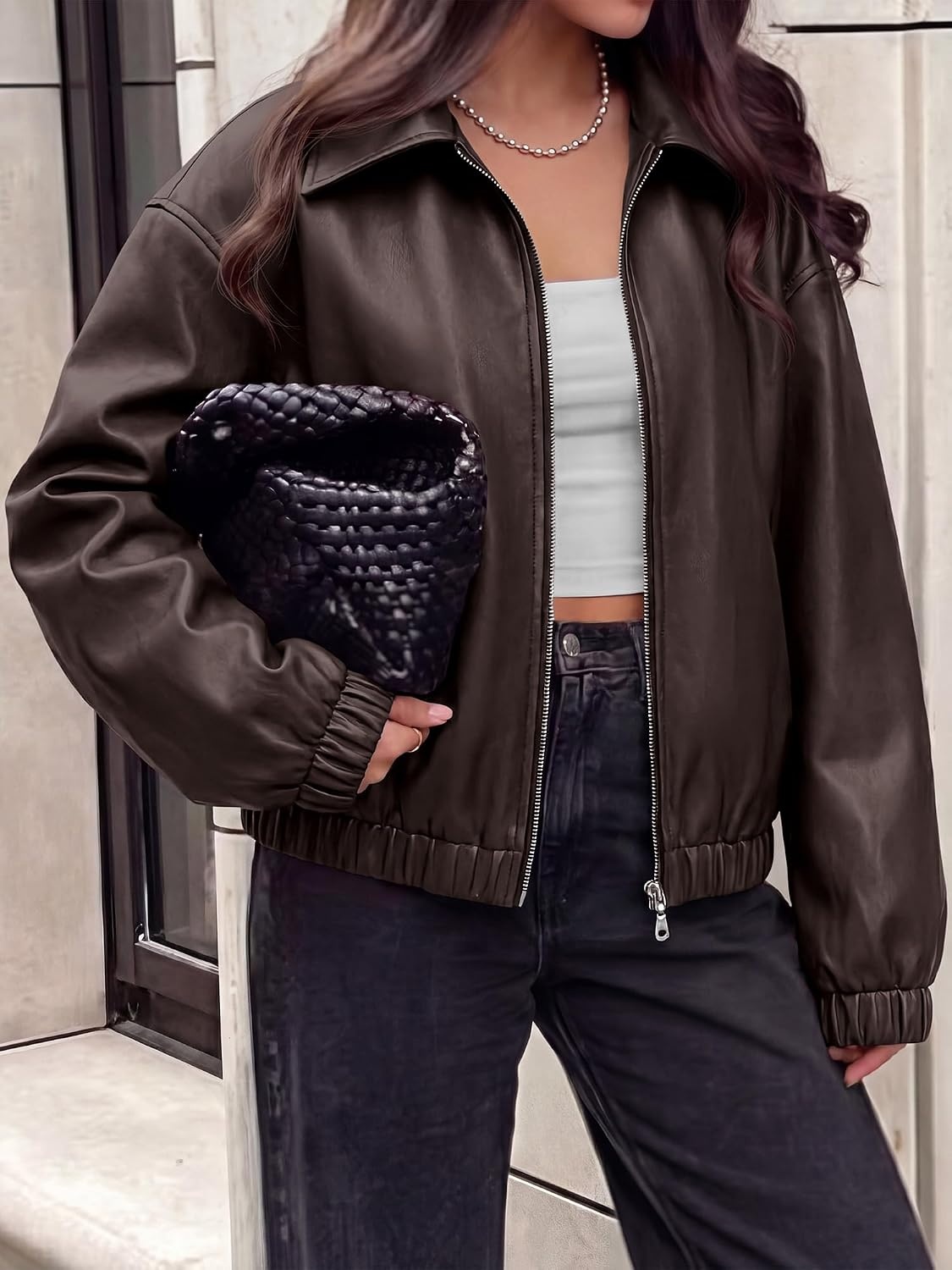 image:imageKIRUNDO Fall Jackets for Women Oversized Zip Up Faux Leather Bomber CoatsDark Brown